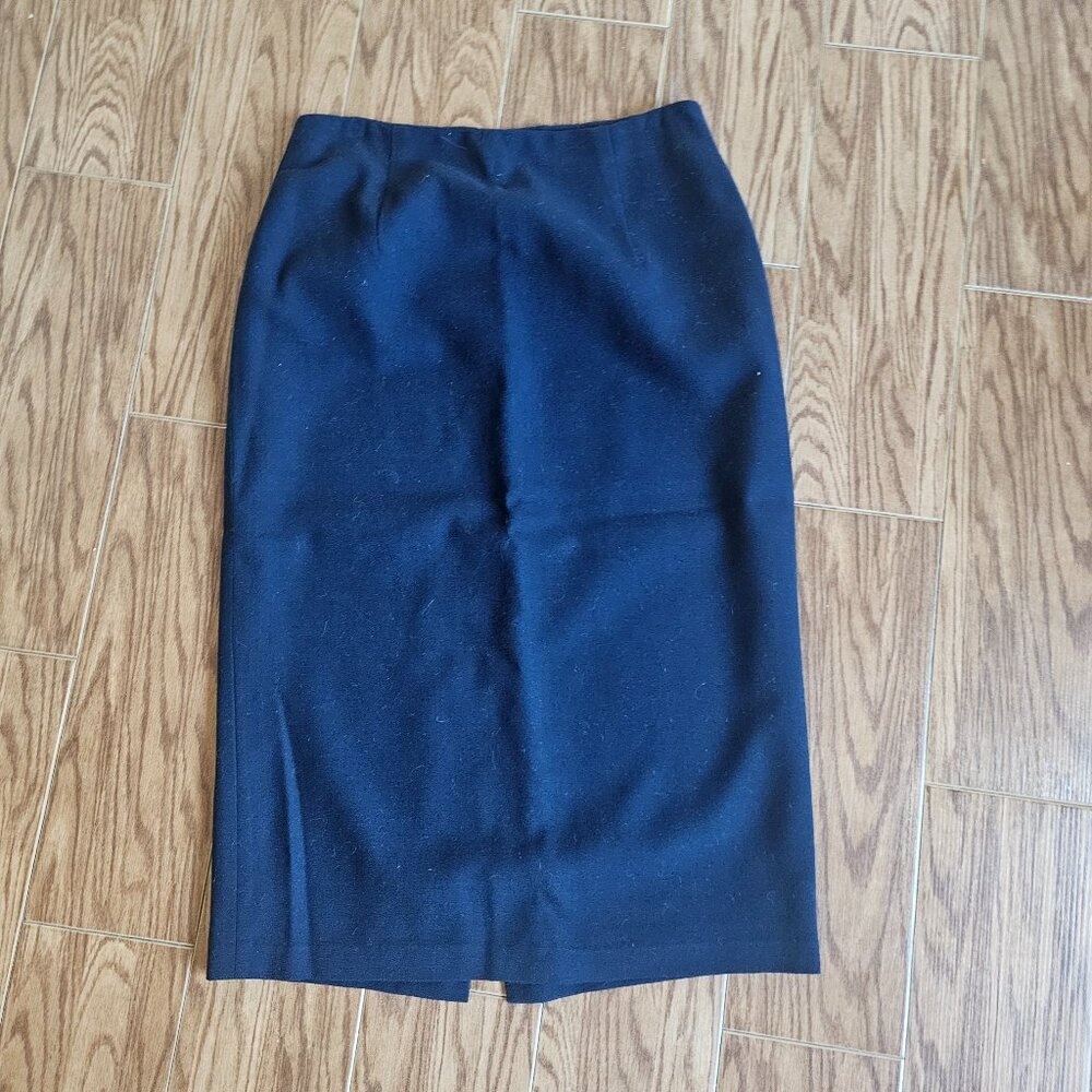 Jones New York Navy Wool Pencil Skirt | Size 12 | Midi Length with Back Slit